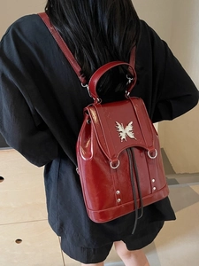 Retro burgundy PU leather backpack for women with metal butterfly and studs