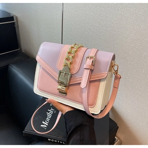 Close-up of color-block flap bag with gold metal buckle and chain strap detail