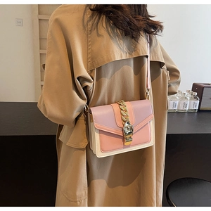 Detail of color-block crossbody bag with gold chain accent and metallic square buckle