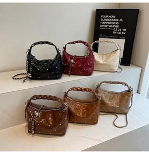 Detailed grid of chain bags in six colors with quilted texture and metal rivet accents