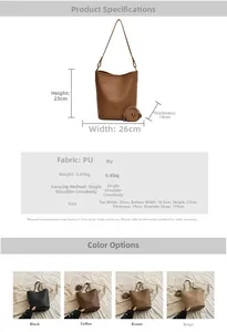 Detailed size chart and dimensions for the litchi texture PU leather bucket bag
