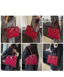 Multiple model views of a wine red jacquard tote bag featuring a large bow decoration