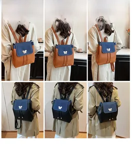 Detailed views of women's backpack with metal butterfly buckle and drawstring closure