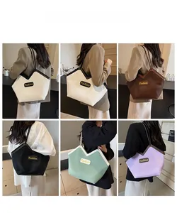 Multiple views of pleated tote bags with V-shaped trim in various colors for women