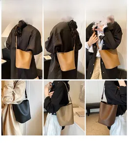 Collage of leather bucket bags in brown, black, and beige colors shown on models