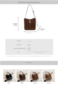 Detailed view of women's bucket bag showing faux suede texture and precise dimensions