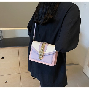 Detail of Korean contrast color small square bag with bold gold chain and buckle on shoulder