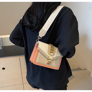Detail of color-block crossbody bag featuring gold chain buckle and wide textile strap