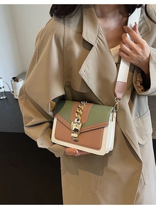 Fashion Women PU Leather Crossbody Bag Elegant Color Block Small Square Bag With Metal Chain Lock Buckle Shoulder Bag