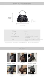 Detailed size chart and parameter specifications for the cow print bucket bag with chain
