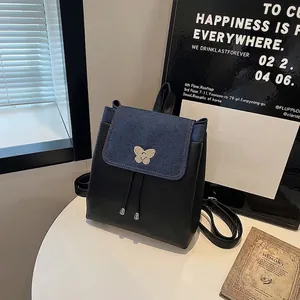 Women Fashion Patchwork Backpack PU Leather Denim Contrast Color Butterfly Buckle Drawstring Large Capacity Travel Daypack School Bag