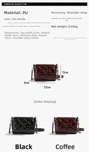 Detailed view of quilted faux leather shoulder bag with chain strap and size dimensions