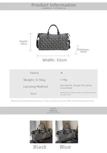 Size chart showing large travel bag dimensions 52x29x25cm with fabric weight 0.74kg