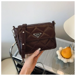 Detail of dark brown quilted crossbody bag with silver triangular plaque and chain strap