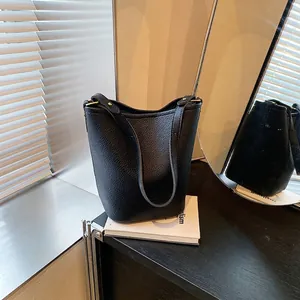 Women Fashion Litchi Grain PU Leather Bucket Bag Minimalist Crossbody Shoulder Bag With Adjustable Strap Commuting Handbag