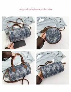 Detailed views of a cylinder denim shoulder bag with sparkling silver sequins and leather straps