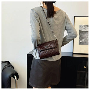 Close-up of dark brown quilted chain bag featuring a triangular metallic logo plate