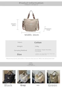 Detailed size and dimension chart for the waterproof nylon tote bag with four color options