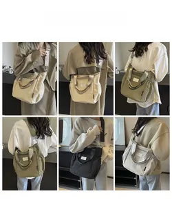 Collage of lightweight nylon crossbody bags in cream, green, black and gray colors