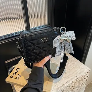 Quilted PU Leather Crossbody Bag Women Rhombic Pattern Camera Bag With Lace Bow Charm Adjustable Wide Strap Shoulder Bag