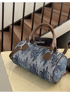 Vintage denim Boston bag with silver sequins and brown leather handles for women