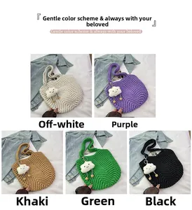 Detail view of woven crochet tote bags in off-white, purple, khaki, green, and black colors