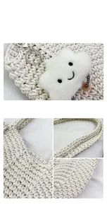 Detail view of woven cotton tote bag with a plush cloud charm and sturdy shoulder strap