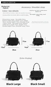 Detailed size chart for nylon crossbody bags including dimensions and strap length