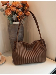 Brown pleated large capacity tote bag with long straps for versatile daily use