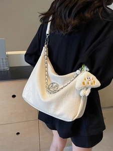 Chic white pleated hobo bag with silver chain strap and mushroom pendant for women