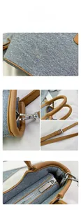 Detail of blue denim bucket bag with brown leather trim and silver metal hardware