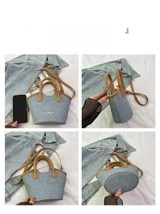 Detailed four-angle view of blue denim bucket bag with contrast brown leather straps