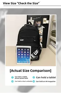 Detailed view of spacious black backpack next to an iPad showing large internal capacity