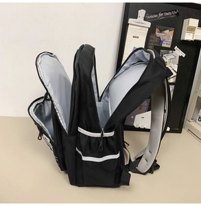 Detailed view of the backpack showing multi-layer zipper compartments and mesh shoulder straps
