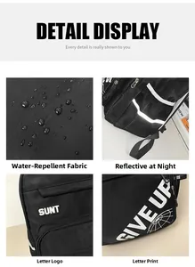 Waterproof fabric detail with water droplets and night safety reflective strip on backpack