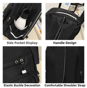 Detail view of water bottle side pocket, handle, and reinforced shoulder straps of backpack