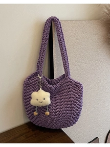 Purple hand-woven hollow knit shoulder bag with cute white cloud plush pendant charm