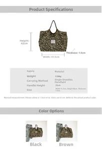 Detailed size chart and specifications for the leopard print canvas tote bag