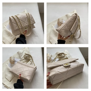 Detailed views of beige quilted chain bag with gold rotating lock from multiple angles