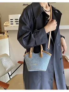 Minimalist Women Bucket Bag Denim Woven PU Splicing Crossbody Handbag For Daily Fashion Travel Versatile Tote