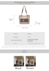 Size chart showing large canvas tote dimensions 34x25x13cm with strap length detail
