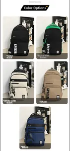 Detail showing five color options of fashionable large-capacity backpacks with round pendants