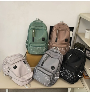 Close-up of waterproof school backpacks in five colors with racing graphic prints