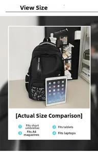 Detail showing high capacity for tablet, A4 magazine and laptop in black backpack