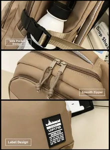 Detail view of khaki backpack showing adjustable side pockets and dual metal zippers