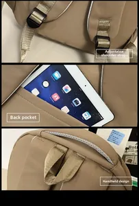 Detail of adjustable shoulder straps and back tablet pocket on khaki nylon backpack