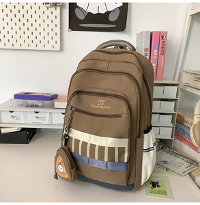 Détails du grand sac à dos scolaire marron café avec petit porte-monnaie pizza