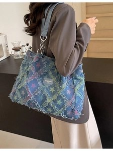 Sac Tote en Denim Tendance Motif Étoiles pour Femmes Grande Capacité Sac à Épaule avec Bords Effilochés Sac à Main Mode