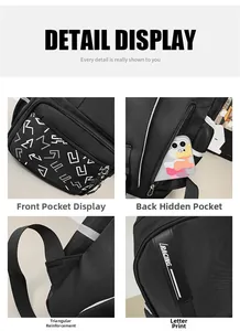 Detail view of anti-theft back pocket and reinforced triangle strap of the black backpack
