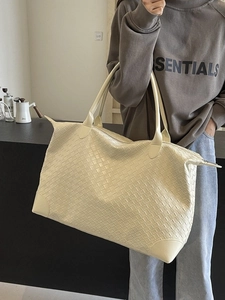 Fashionable cream woven leather tote bag with large capacity for travel and daily use